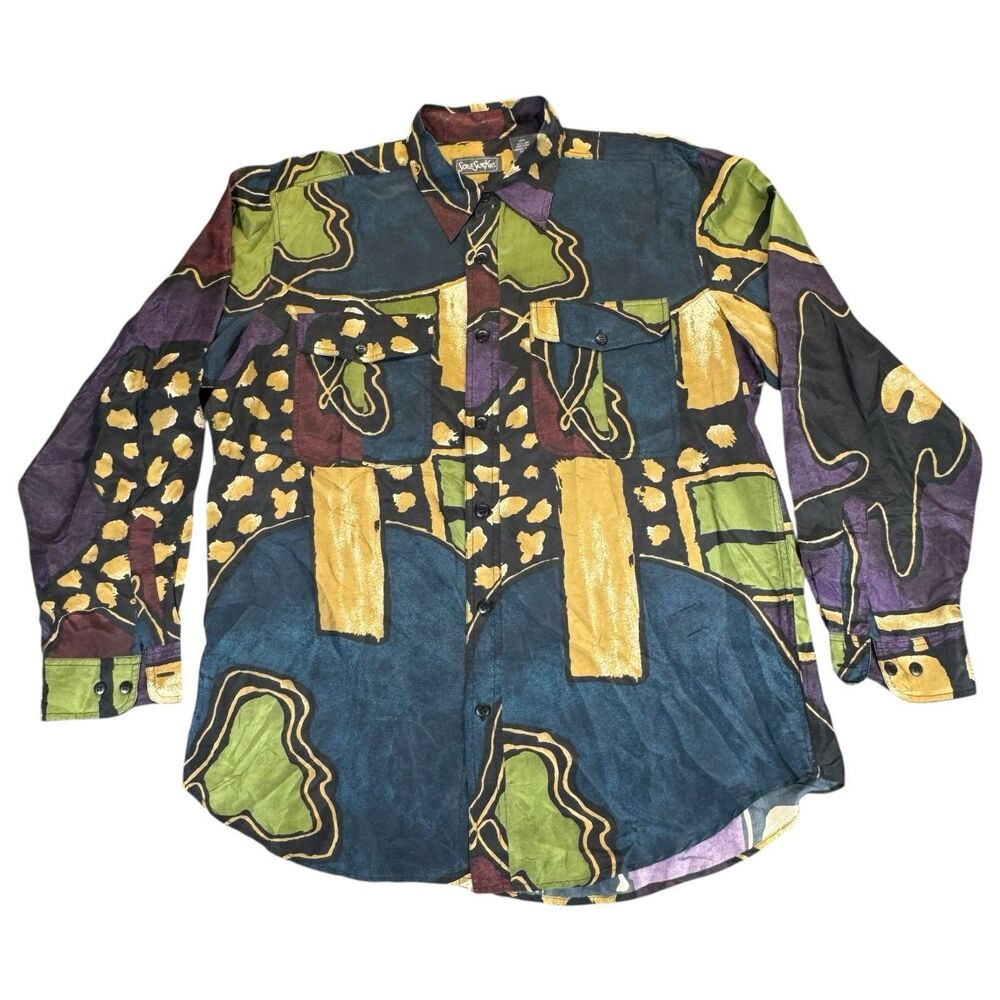 Vintage Serge Saint Yves Sz L 100% Silk Abstract Bold Retro 70s psychedelic Vibe